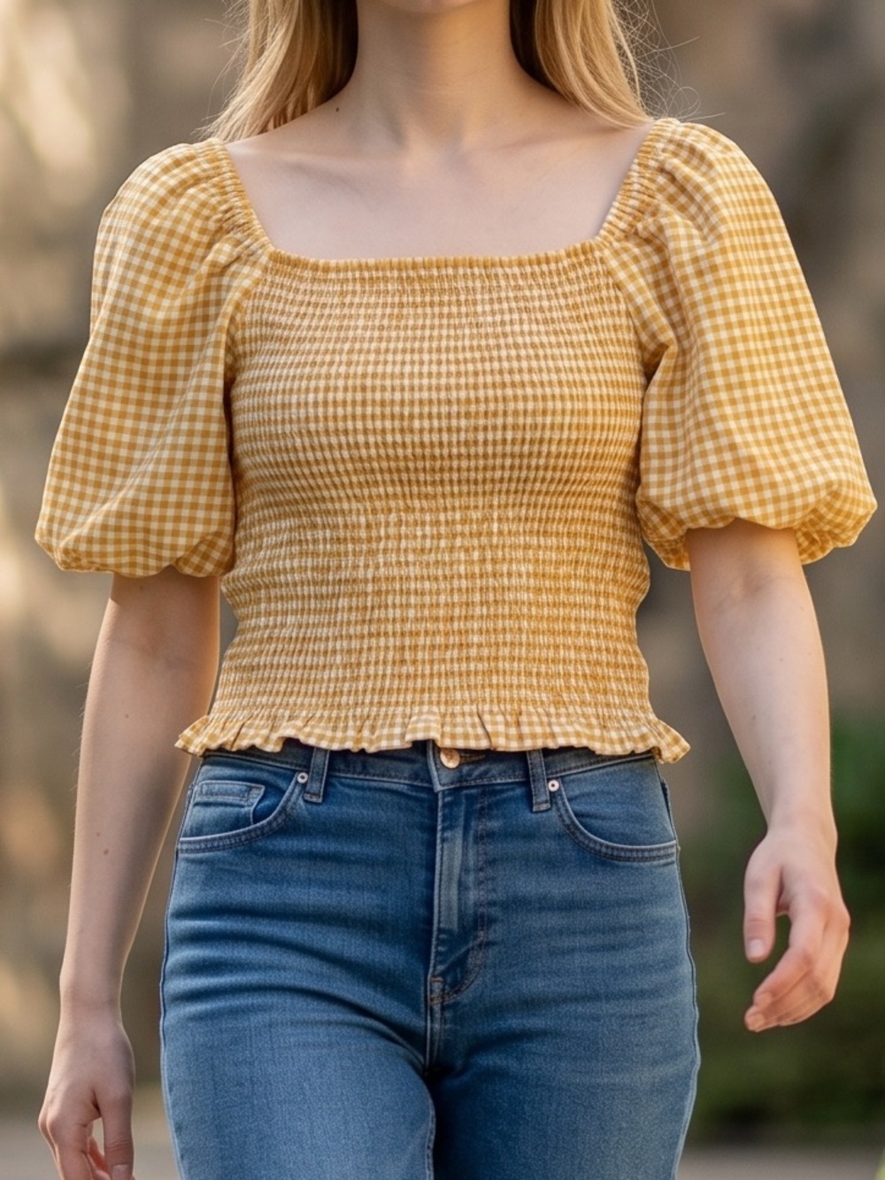 BB Dakota Yellow Gingham Off-Shoulder Crop Top - Picture 6 of 9